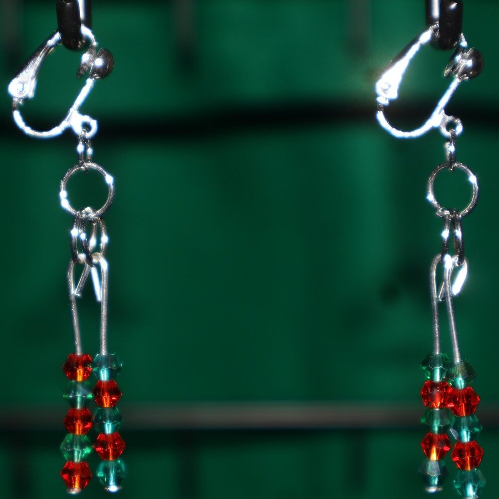 Clip-On Drop Earrings - Christmas Themed - Small Red and Green Beads - COJ19